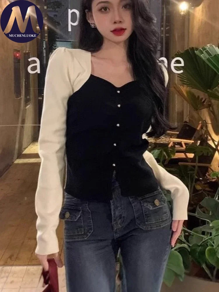 

Sweater for Woman Autumn Winter New Elegant Square Collar Puff Sleeve Knitted Sweaters Korean Fashion Slim Fit Color Block Tops