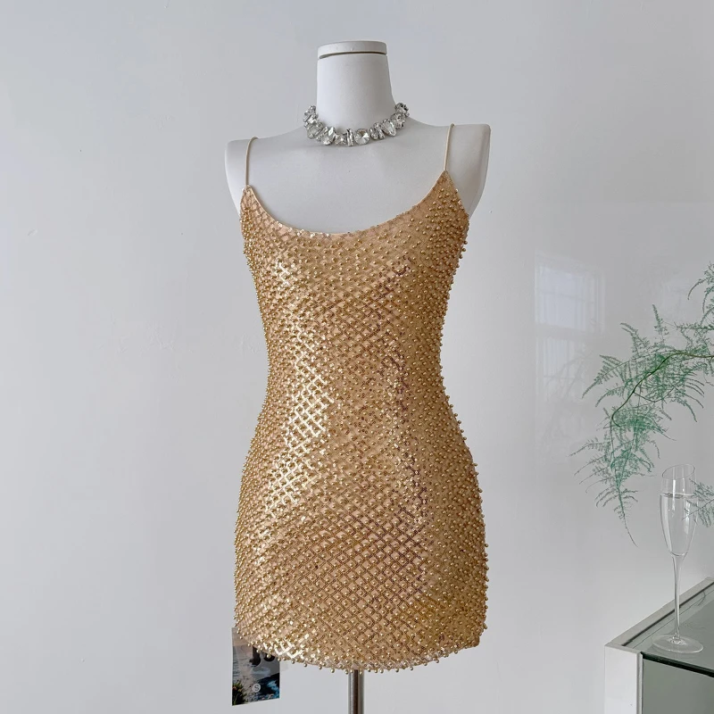 

Luxury Rhinestone Spaghetti Strap Mini Dress Sexy Backless High Waist Short Dress Sequins Zip Up Black Red Golden Strap Dresses