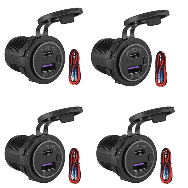 

4Set PD Type C USB Car Charger And QC 3.0 Quick Charger 12V Power Outlet Socket With ON/Off Switch For Car