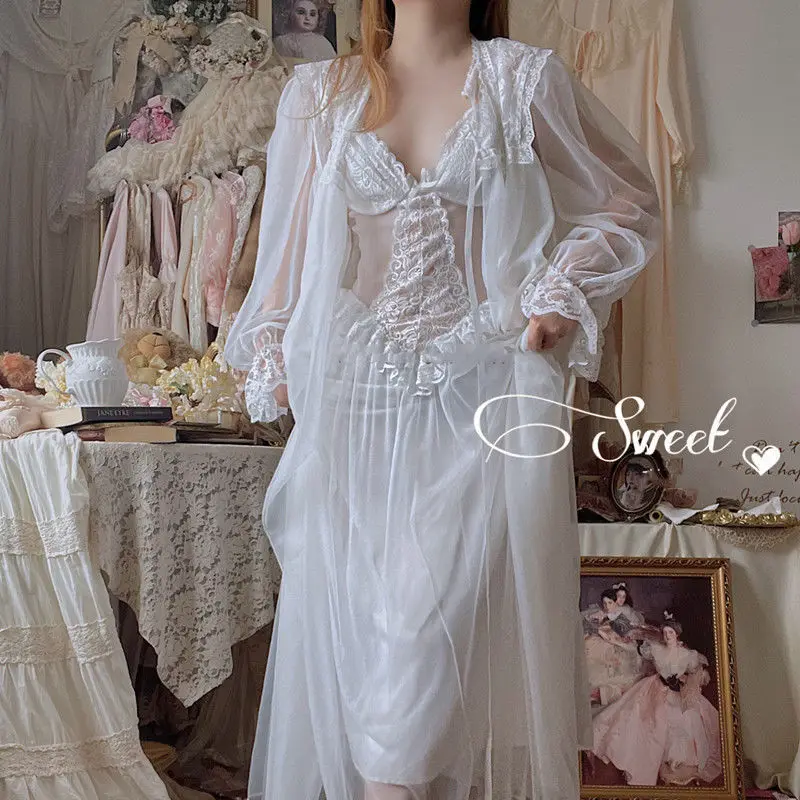 French Sexy Nightgown Two-pieces Mesh Fairy Princess Suspender Women Long White Nightdress Nightgown Morning Robe Sets