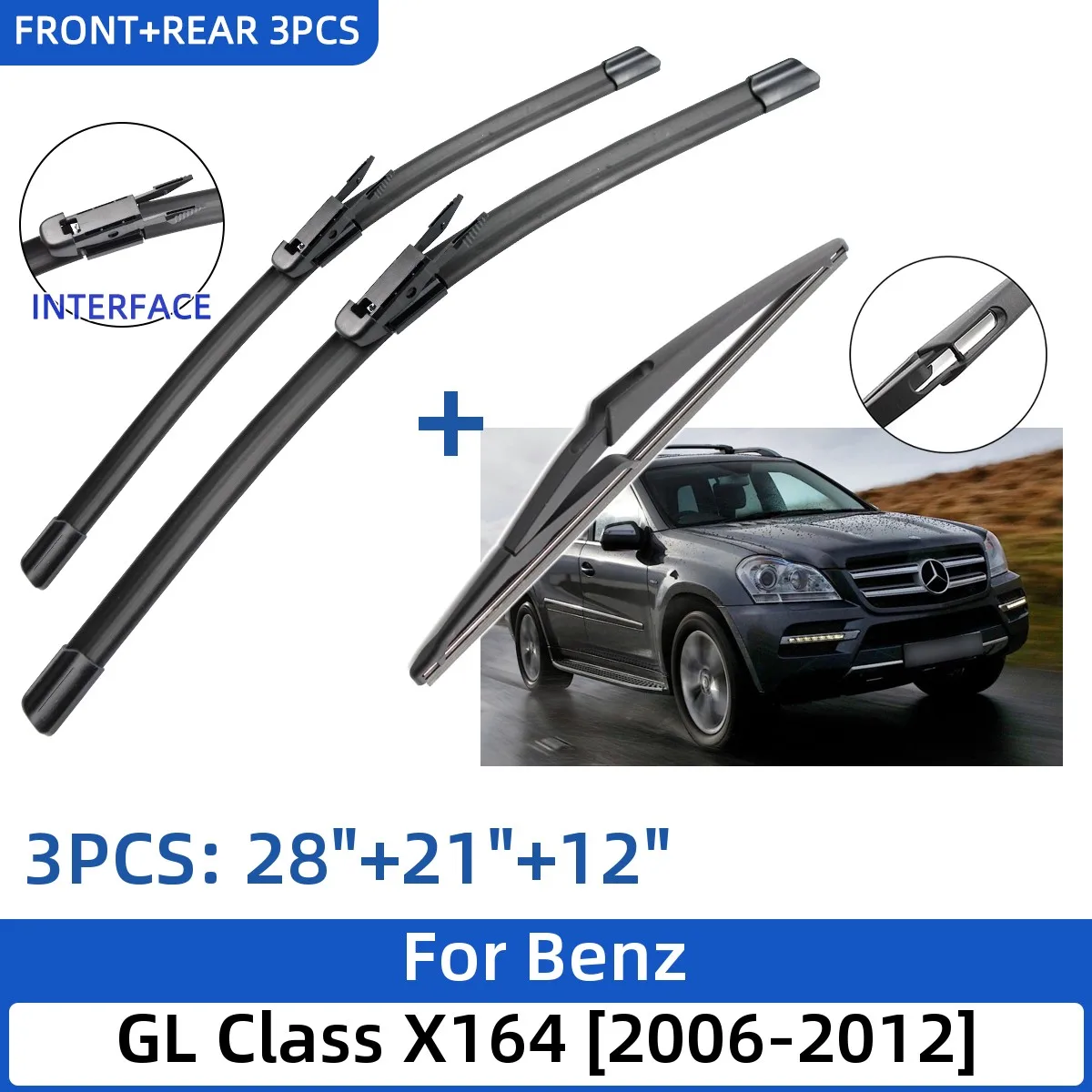 

For Benz GL Class X164 2006-2012 28"+21"+12" Front Rear Wiper Blades Windshield Windscreen Window Cutter Accessories 2011 2012