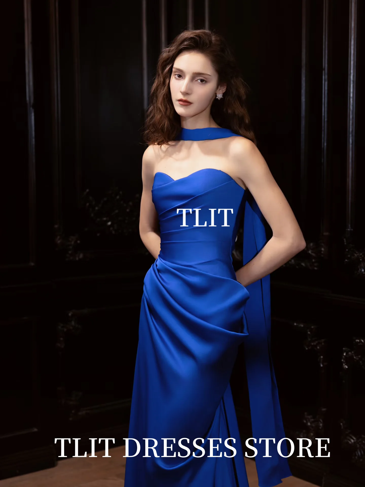 Eleganckie, szlachetne, niebieskie sukienki wieczorowe z jedwabnej satyny, bez ramiączek, vestido de noite, szyte na miarę, długie szale, sukienki bez rękawów na przyjęcia.