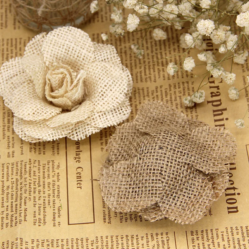 2/3/5 Uds. De yute hecho a mano de 9cm, arpillera de arpillera, flores rosas, decoración rústica Vintage para boda, adornos navideños de yute para
