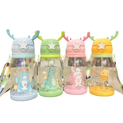 Cartoon Antlers Water Bottle For Kids Sippy Cups Water Bottle With Straw Baby Water Feeding Cups Portable Leakproof Water Bottle