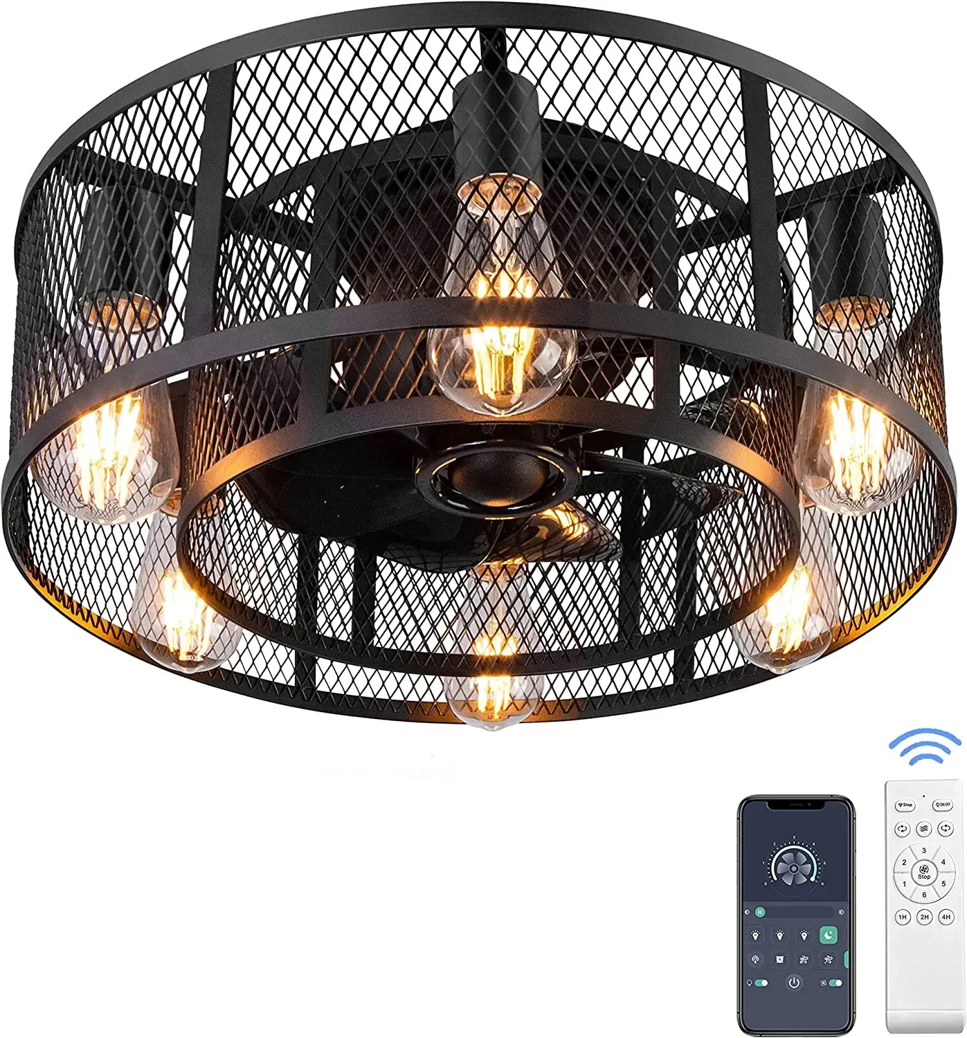 Modern Industrial LED Cage Ceiling Fan Light DC Motor Flush Mount Black For Kitchen Bedroom Living Room Low Profile Home Decor