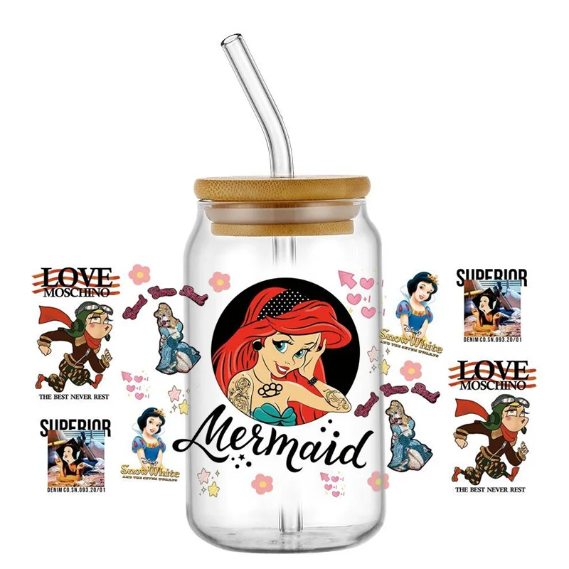 Miniso Disney Princess 16oz UV DTF Cup Wrap Cartoon Libbey Glass Beer Can Tumbler Transfer Sticker adesivo permanente impermeabile