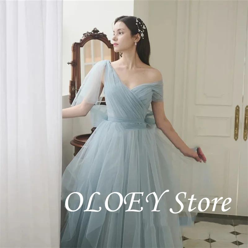 فساتين سهرة طويلة من OLOEY Fairy Dusty Blue تول لالتقاط الصور الكورية بطول الأرض فساتين حفلات الزفاف حسب الطلب