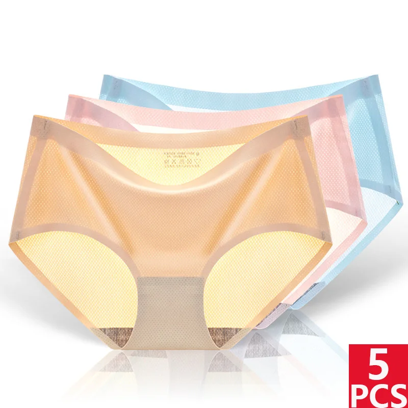 5PCS Mid Waist Mesh Ultra-thin Underwear Women Summer Breathable Briefs Seamless Ice Silk Panties Cotton Crotch Briefs