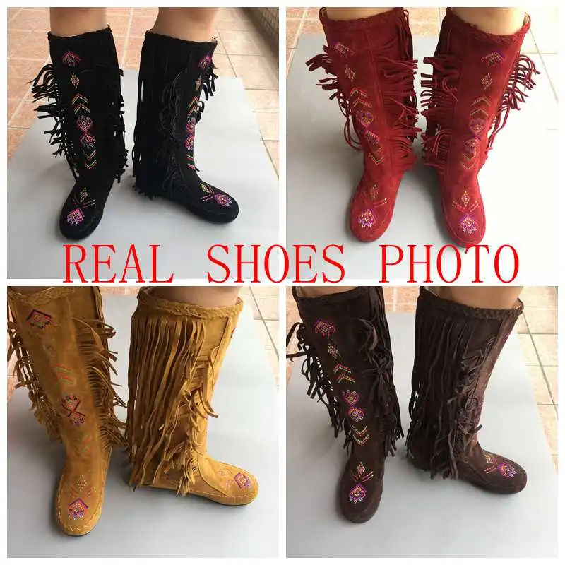 REAVE CAT Fashion Nation Flock Leather Women Fringe Flat Heels Long Boots Spring Autumn Tassel Knee High Boots