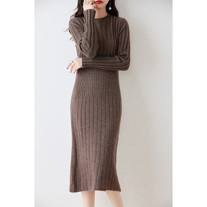 2023 Autumn Winter High Elasticity 100% Wool Thicken Sweater Dress Warm Basic Knitted Pullover Women Slim Dress Female Casual