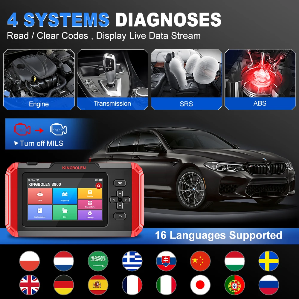 KINGBOLEN S800 5 inch Car Diagnostic Tool Full OBD2 Scanner 4 System 15 Resets Service SRS ABS ENG TCM Lifetime Free Update