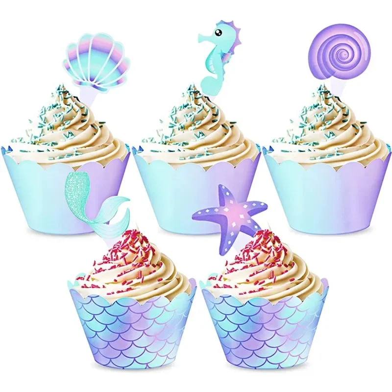 80Pcs Mermaid Cupcake Wrappers and Toppers Double Side Cupcake Liner Cupcake Decorations for Birthday Baby Shower Wedding