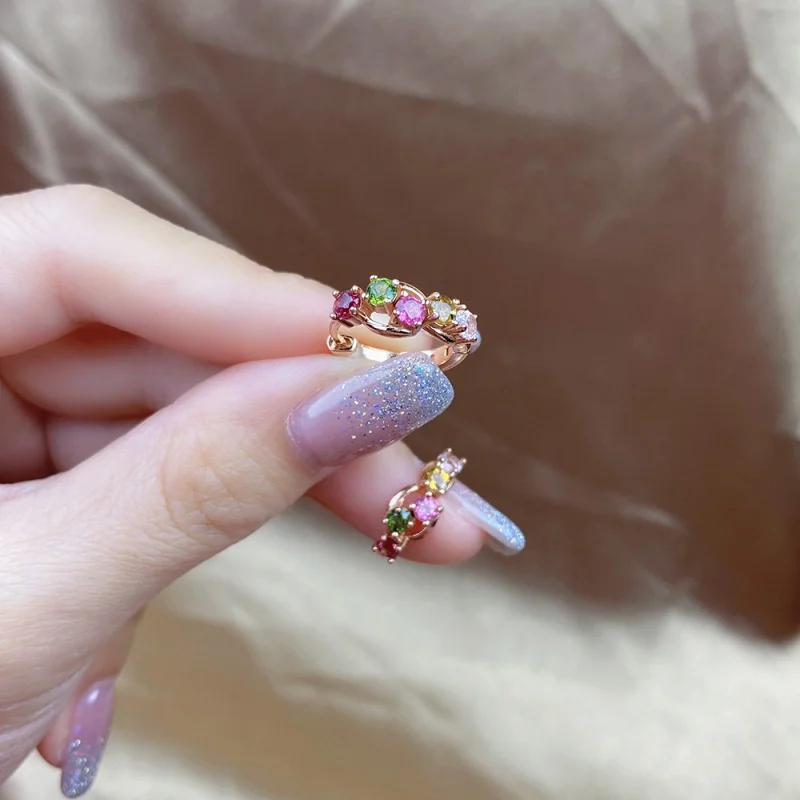 

Natural Brazil Tourmaline Candy Color Ear Clip 925 Silver Rose Gold Inlaid Gemstone