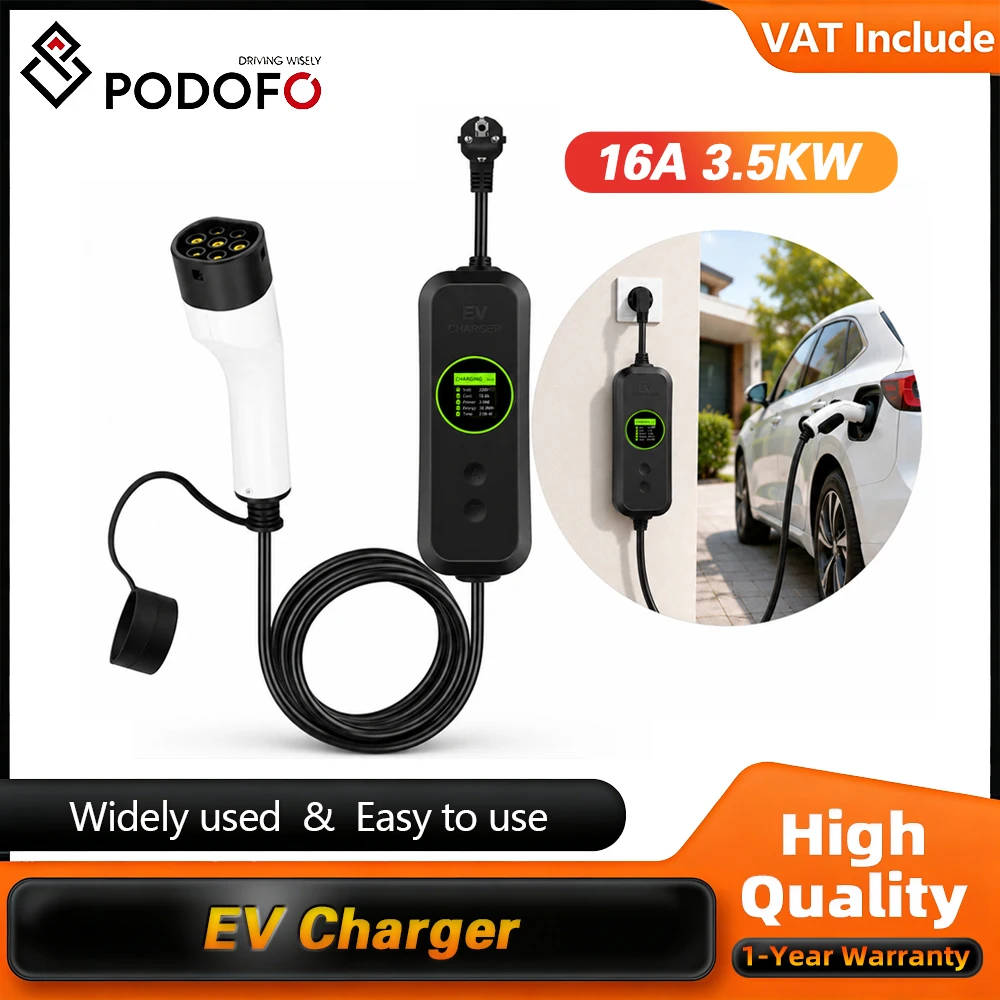 Podofo Chargeur EV portable 3,5 kW, câble de charge EV de voyage, pistolet de charge mobile pour voiture, câble de charge Type 2, réglable 8/10/13/16A, compatible avec Mercedes Tesla