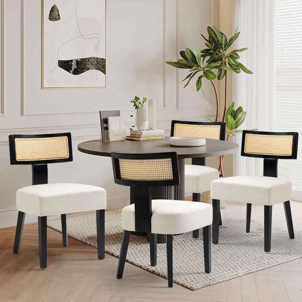 Rattan Dining Chairs Set of 4, Mid-Century Modern Fabric Upholstered Dining Room with Black Hardwood Frame