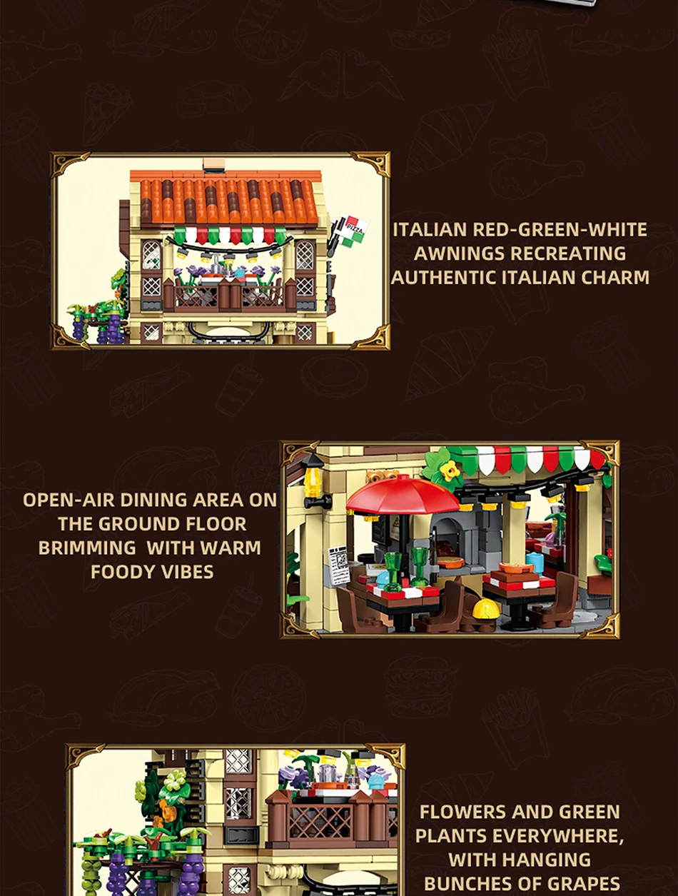 City Series MOC 1962pcs Pizza Shop Model Building Blocks DIY Pizza Restaurant Bricks Toys Gifts For Men Boy Desktop Ornament