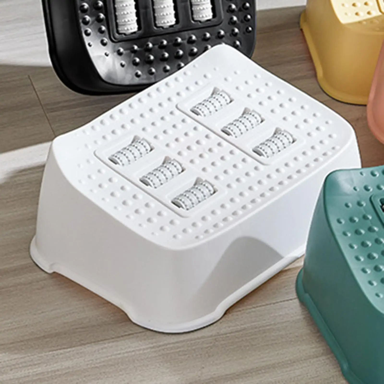 Under Desk Foot Rest Toilet Stool with Massage Roller Non Skid for Study White
