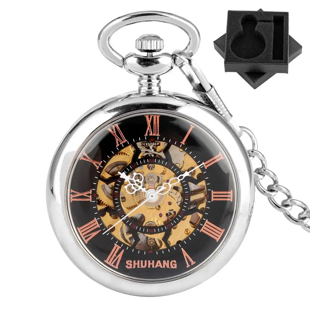 

Гладкие серебряные механические карманные часы с ручным заводом и открытым лицом, римские цифры, циферблат, ретро-подвеска, цепочка, карманные часы, подарок для мужчин