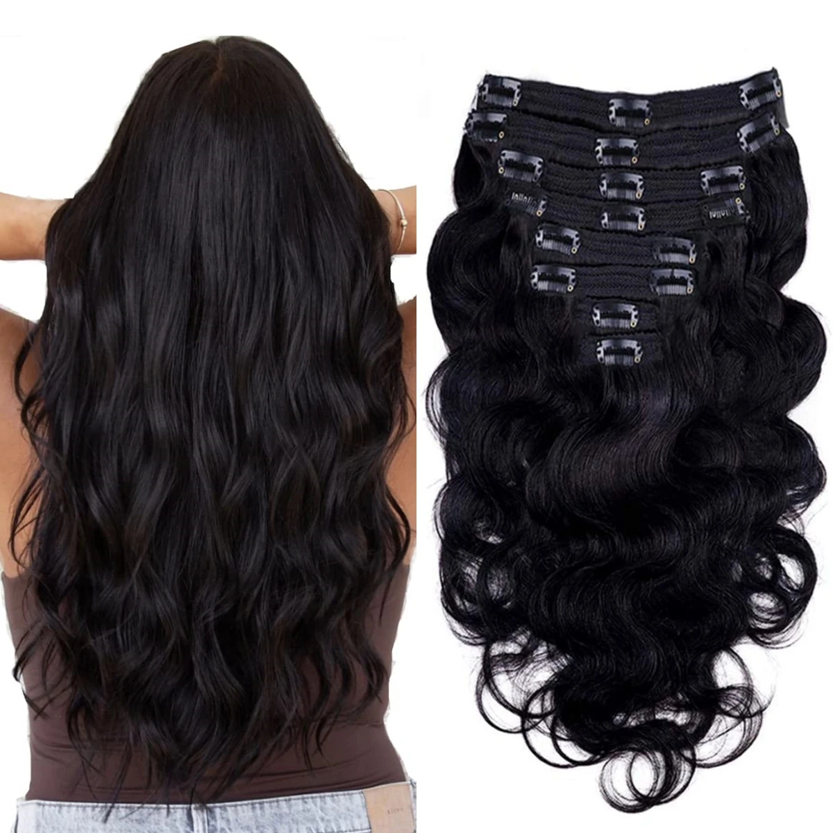 

Наращивание волос с объемной волной, 100% настоящие человеческие волосы, бразильские заколки на всю голову, наращивание человеческих волос 120 г/8 шт., натуральный цвет