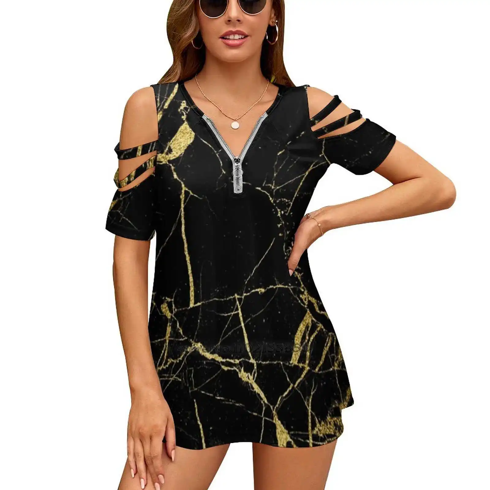 Black And Gold Marble | Texture Zipper Sexy T-Shirt Casual Tops Hollow Pullover Ladies Top T Shirts Interior Modern Cool Trendy