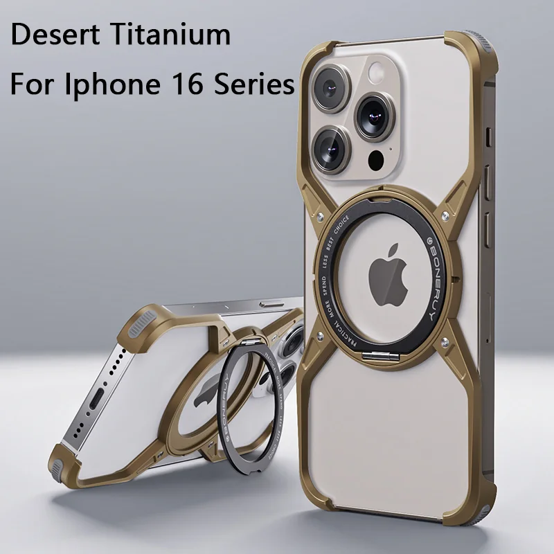 Metal Aluminum Magnetic Stand Phone Case For iPhone 13 14 15 16 Pro Max Magnetic Hollow Rimless Shockproof Bumper Phone Cover