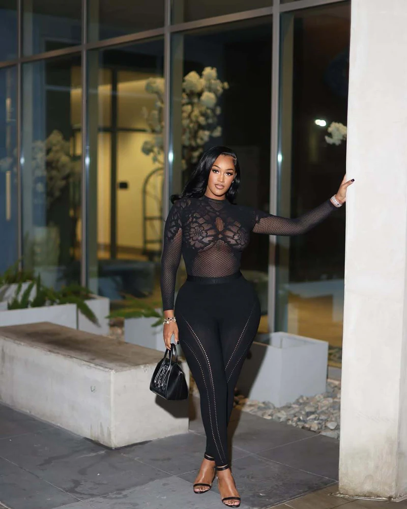 2025 Autumn Winter Hot Sale Women 2 Piece Set Hollow Out Mesh Long Sleeve Top Leggings Sets Female Streetwear Sexy Club Outfits