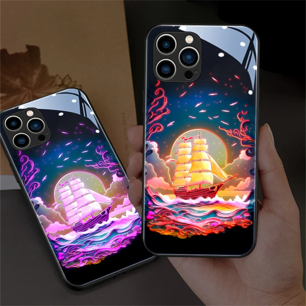 Sailboat Colorful LED Light Glow Luminous Tempered Glass Phone Case For iPhone 15 14 13 12 11 Pro Max X XR XS 6 7 8 Plus SE2020 image 5