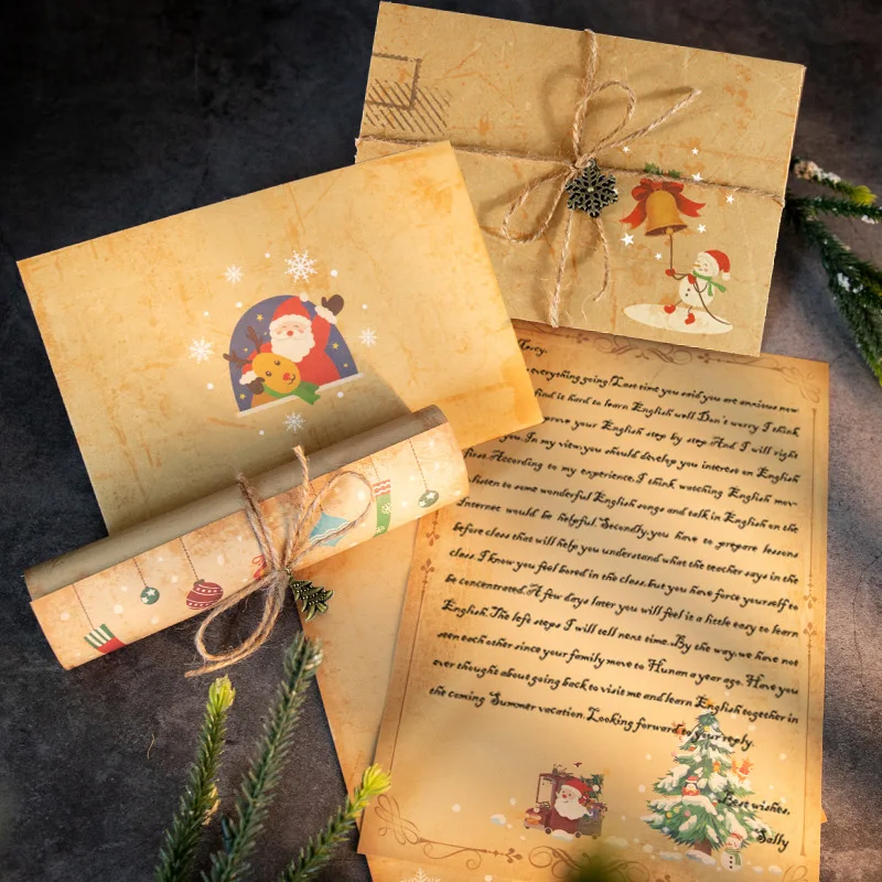 6Pcs Vintage Christmas Writing Papers Envelopes Set Pretty Letter Paper Cartoon Santa Claus Snowman DIY Invitation Greeting Card