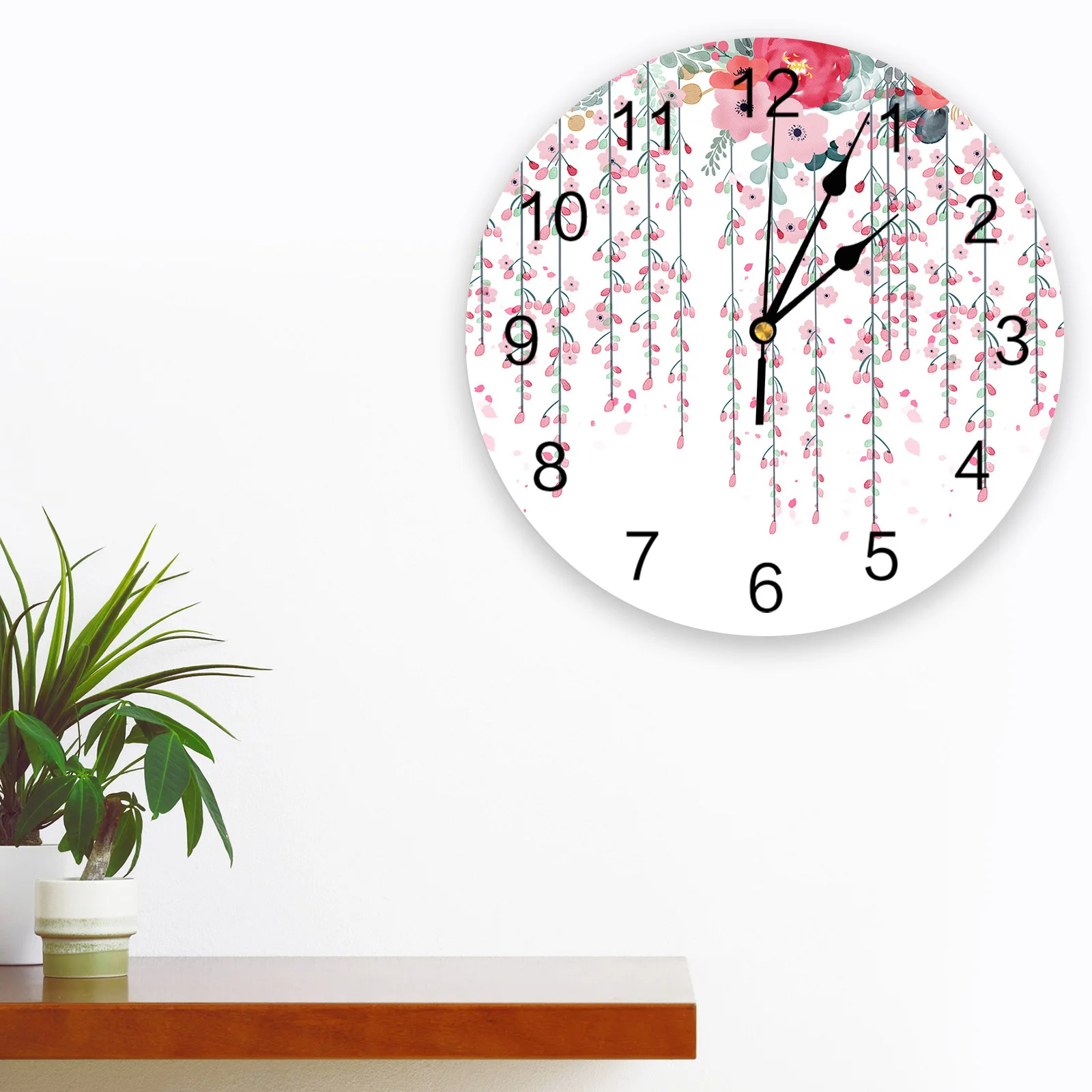 Plant And Flower Illustration In Red And Pink Printed Wall Clock Modern Silent Clock Living Room Home Decor Wall Hanging Watch