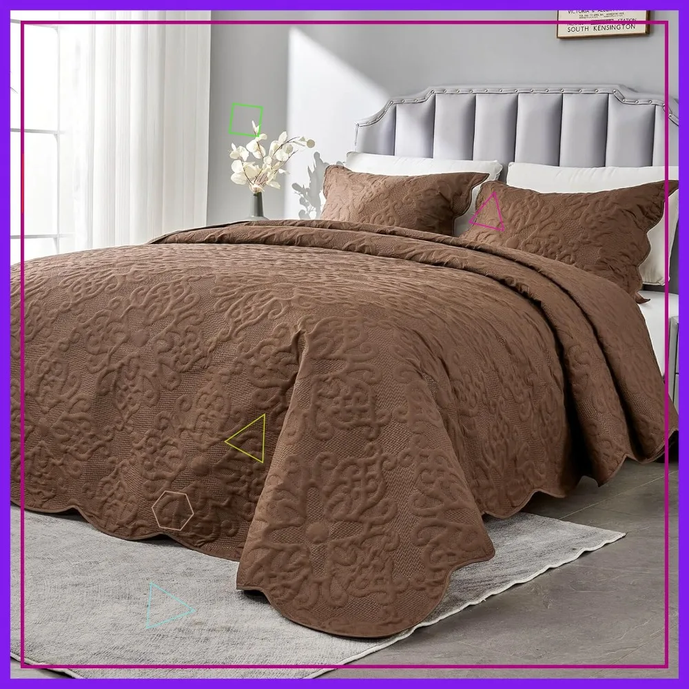 

Oversized King Bedspread Set 128x120 Lightweight Coverlet with Quilt and Pillow Shams in Coffee