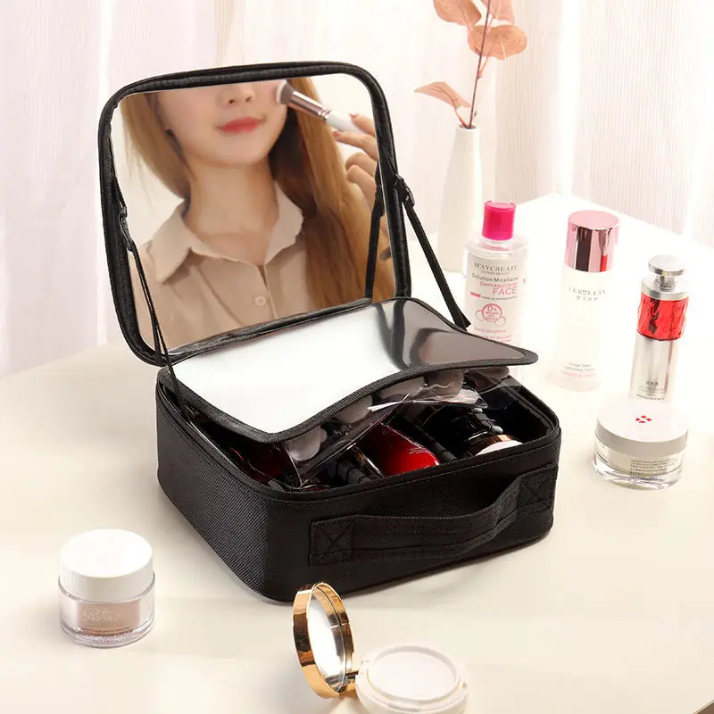 New Lighted Cosmetic Case with Mirror LED Portable Cosmetic Bag Large-capacity Makeup Storage Box Make Up Bags for Women Q44