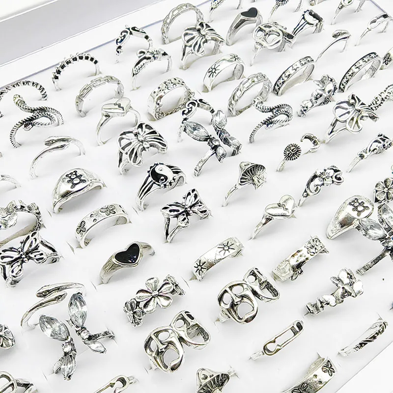 30pcs/Lot  Factory Wholesale Mix Style Finger Rings For Women New Hollow Butterfly Skull Vintage Flower Bear Snake Jewelry Party image 3