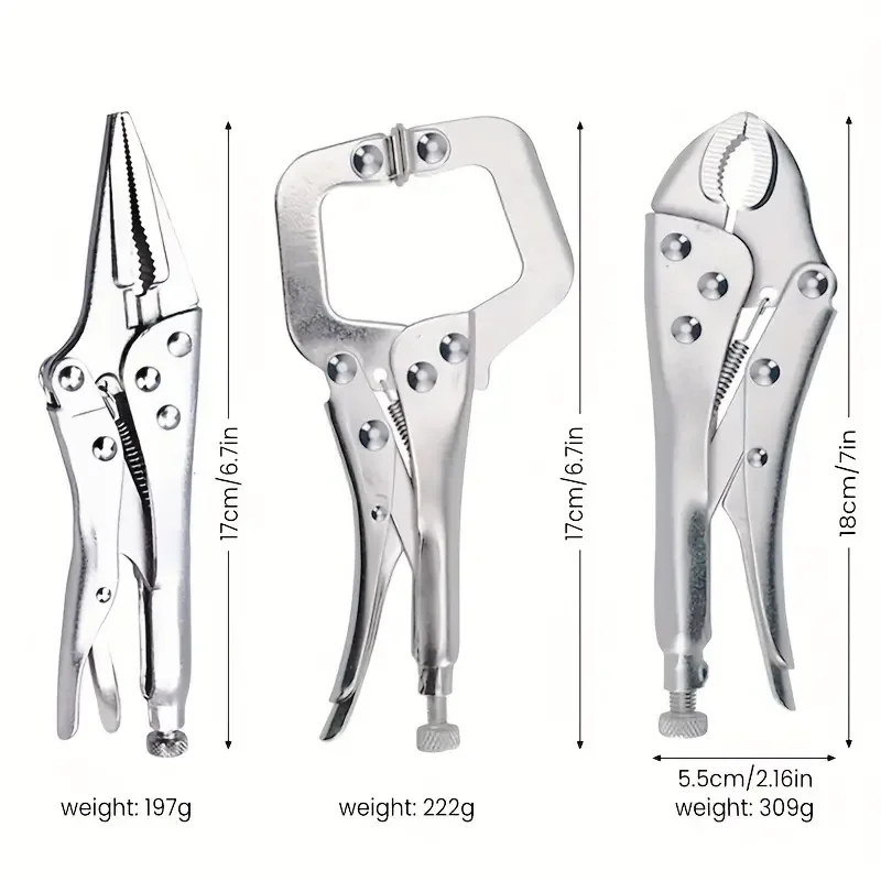 3Pcs Locking Pliers Industry Vise High Torque Fixed Clamping Hand Tools Long Nose Locking /Curved Jaw /C-clamp Locking Pliers