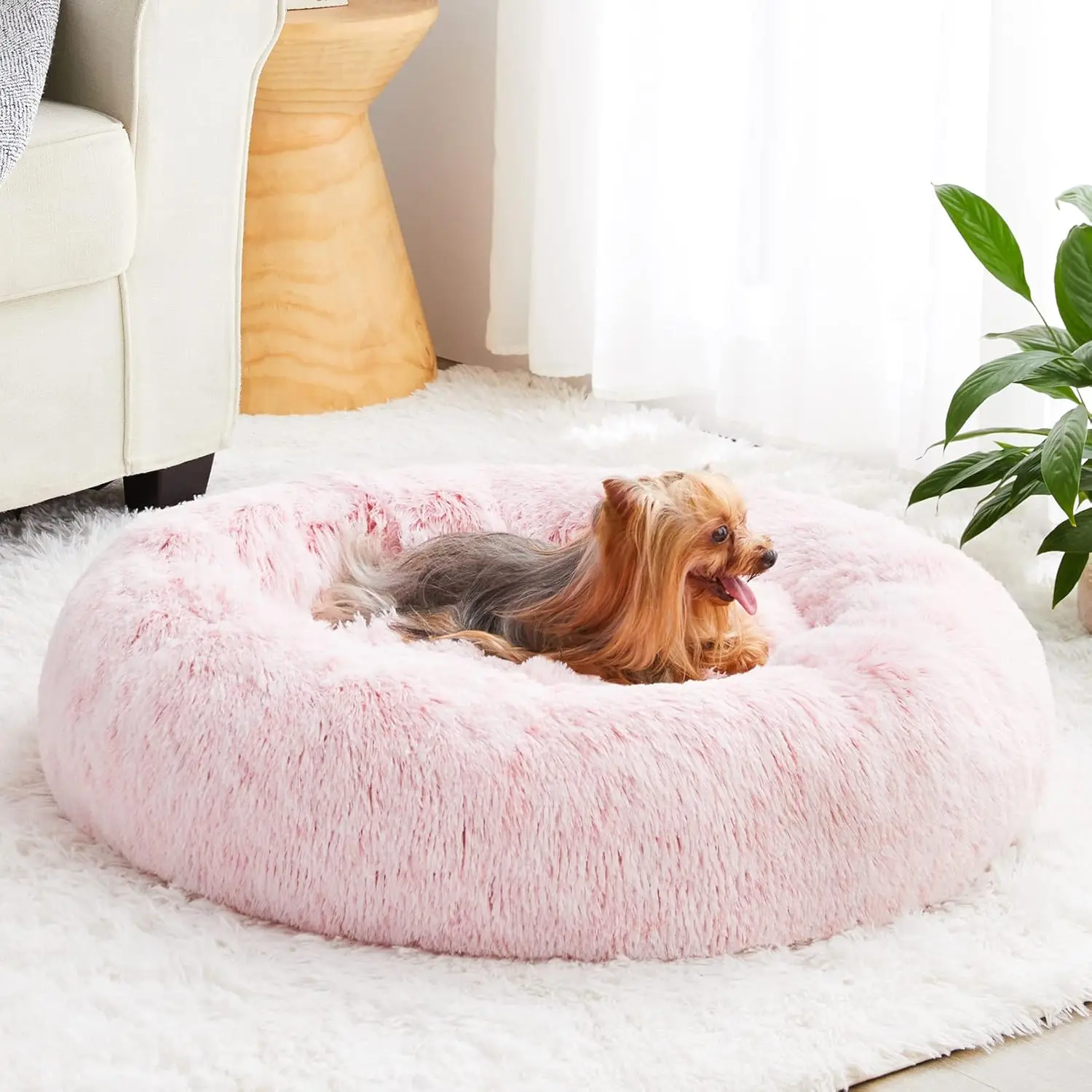 

Calming Donut Pet Bed, Faux Fur Self-Warming Round Cuddler for Dogs and Cats, Comfortable Plush (20x20x8 Inch, Light Pink)