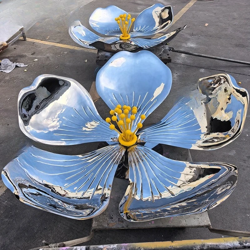 Garden landscape Outdoor water feature Lotus, metal stainless steel begonia flower peony mirror sculpture