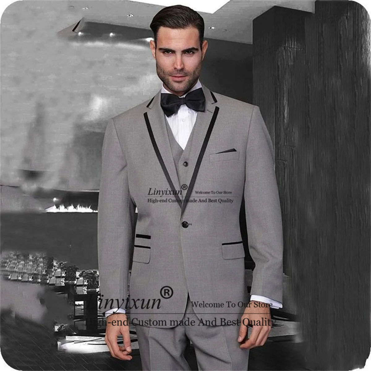 

Gray Groom Tuxedos For Groomsmen Notch Lapel Mens Suits 3 Pieces Set Business Male Blazers Slim Costume Homme Jacket+Vest+Pants