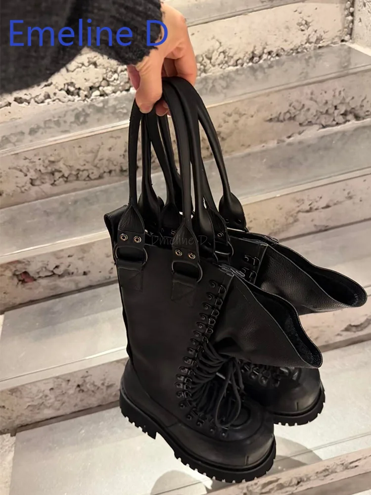 

Leather Motorcycle Boots Unisex Hand-Held Boots Strap Round Toe Knight Boots Thick Soled High Rise Front Strap Long Tube Boots