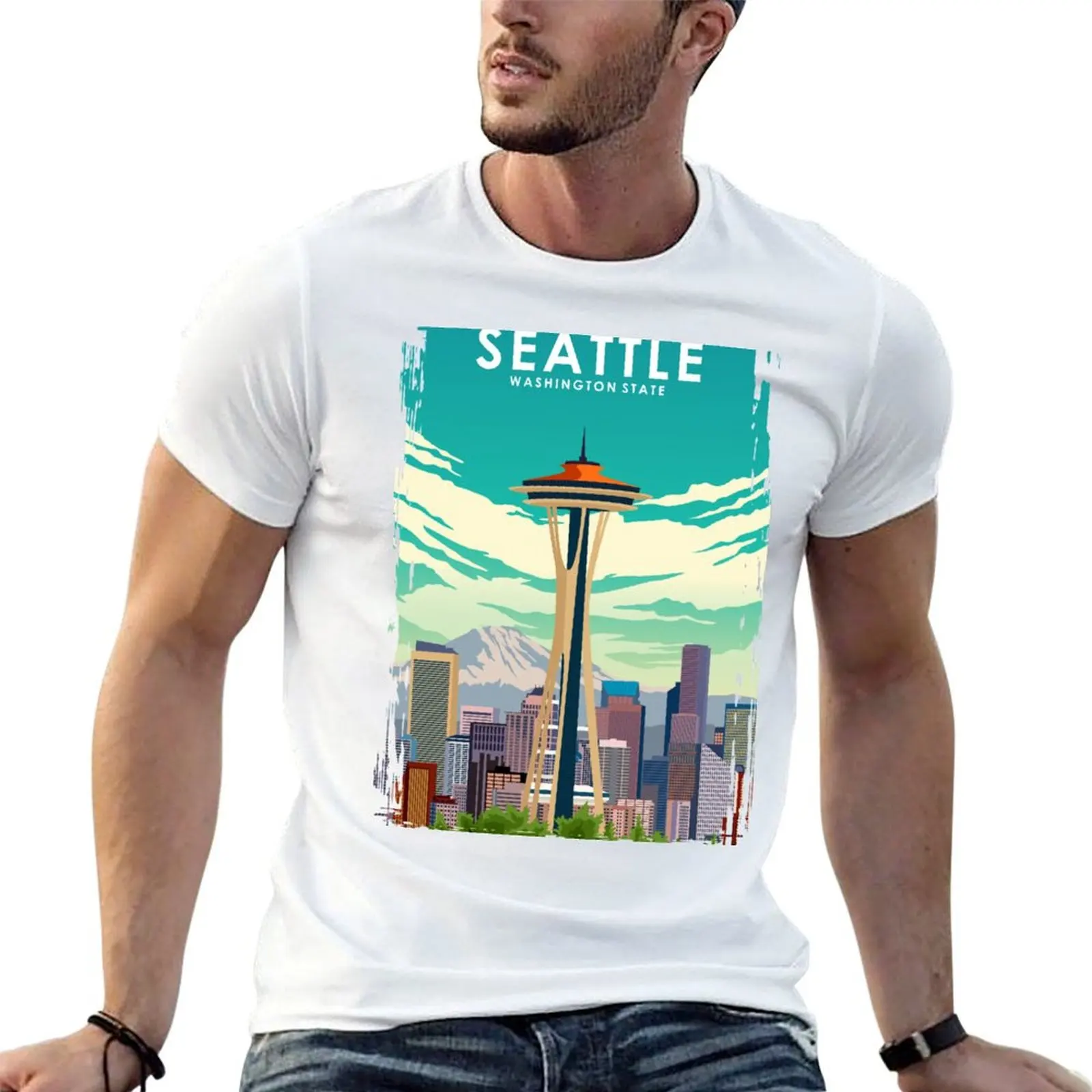 Seattle Washington State Travel Poster T-Shirt quick-drying cotton man t-shirts mens plain t shirts