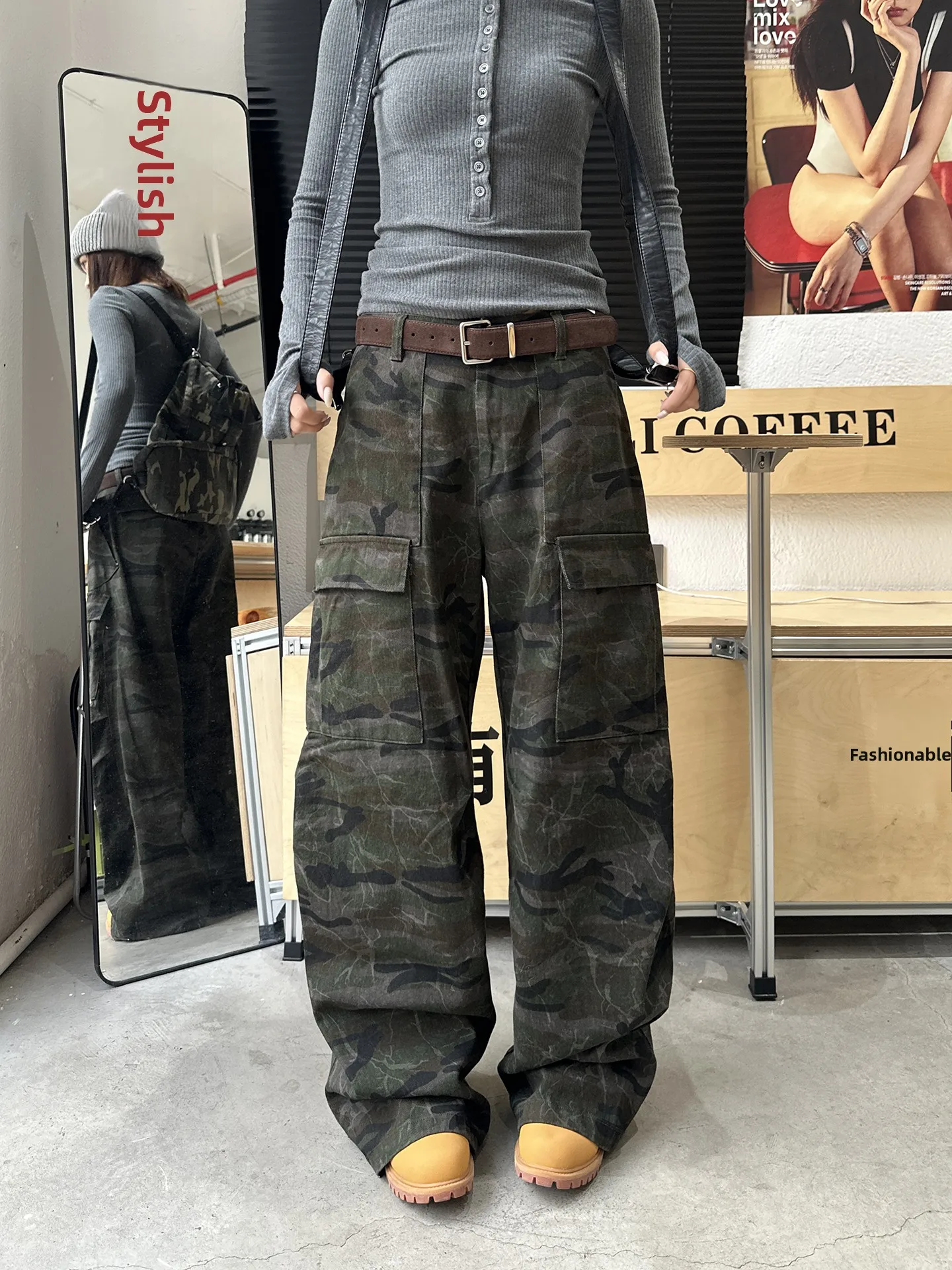 

Ретро-джинсы женские в американском стиле, камуфляжные, широкие, повседневные, свободного кроя, рабочие брюки, прямые джинсы из денима