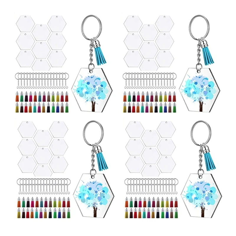 

288Pcs Acrylic Transparent Discs Hexagon Keychain Blanks Charms And Tassel Pendants Keyring With Chain For DIY Crafts