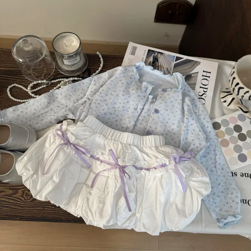 

Korean Children Clothing 2026 New Spring Summer Girls Floral Camisole Knitted Cardigan Bow Flower Bud Shorts Three Piece Set