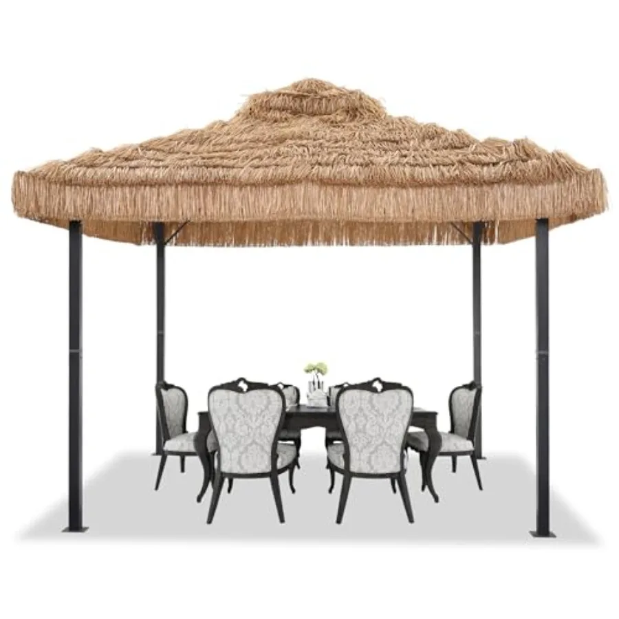 10 x 10 FT Canopy Tent for outdoor leisure use, imitation straw material, khaki color, 4-corner pavilion design with UV protect