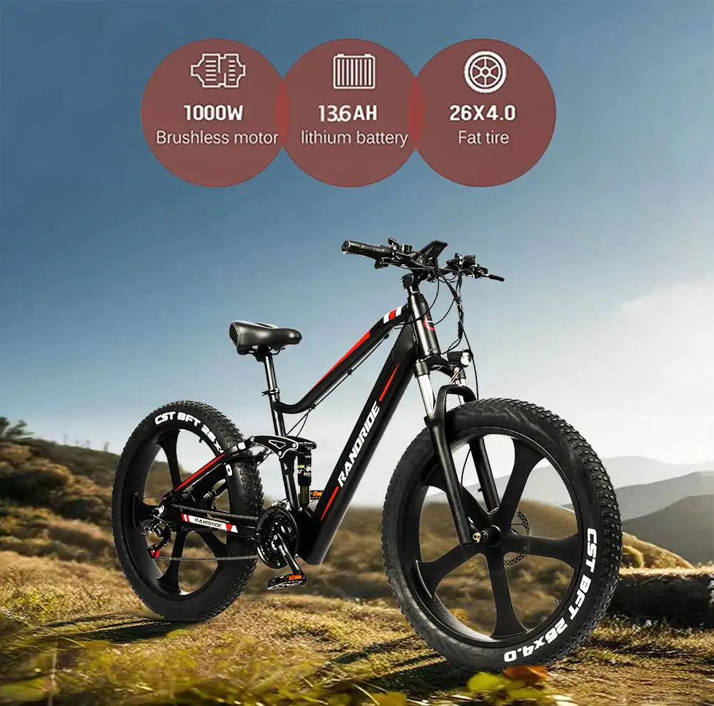 Randride YX90M 1000W Fatbike, 26"×4.0 CST-Reifen, 48V 13.6Ah Akku, Shimano 7-Gang-Schaltung, Hydraulische Bremsen, Vollfederung, Aluminiumrahmen, 35 °   Kletter-, Offroad-Elektrofahrrad für Erwachsene