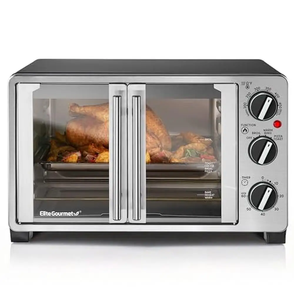 French Door Countertop Toaster Oven 25L Bake Broil Toast Keep Warm Fits 12