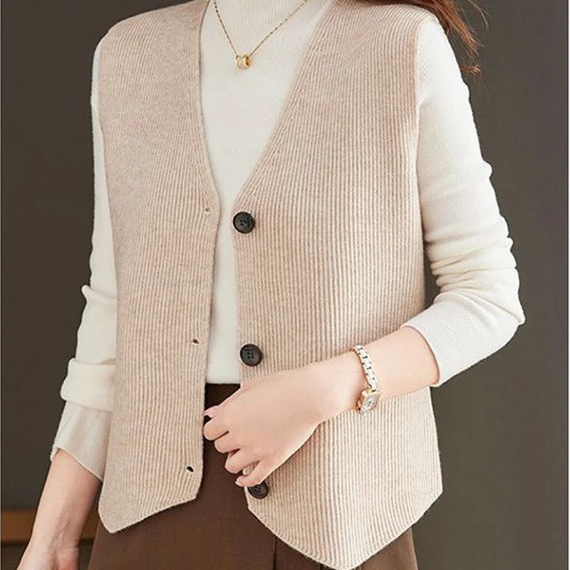 Knitted Women Sweater Vest Solid Jumpers Single Breasted V Neck Slight Strech Loose Fit Casual Office Lady 2025 Autumn Winter