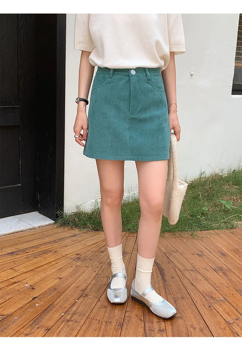 Women's High-Waist A-Line Short Skirt Spring Autumn Retro Brown Corduroy Skirts Woman Solid Color Straight Leg Pencil Skirt Mini
