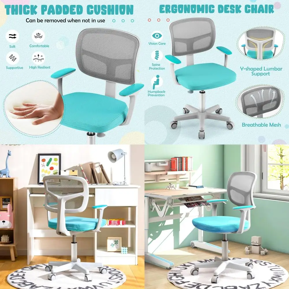 Ergonomic Kids Study Chair with Adjustable Height, Lumbar Support, and Breathable Mesh for Boys & Girls (Cyan)