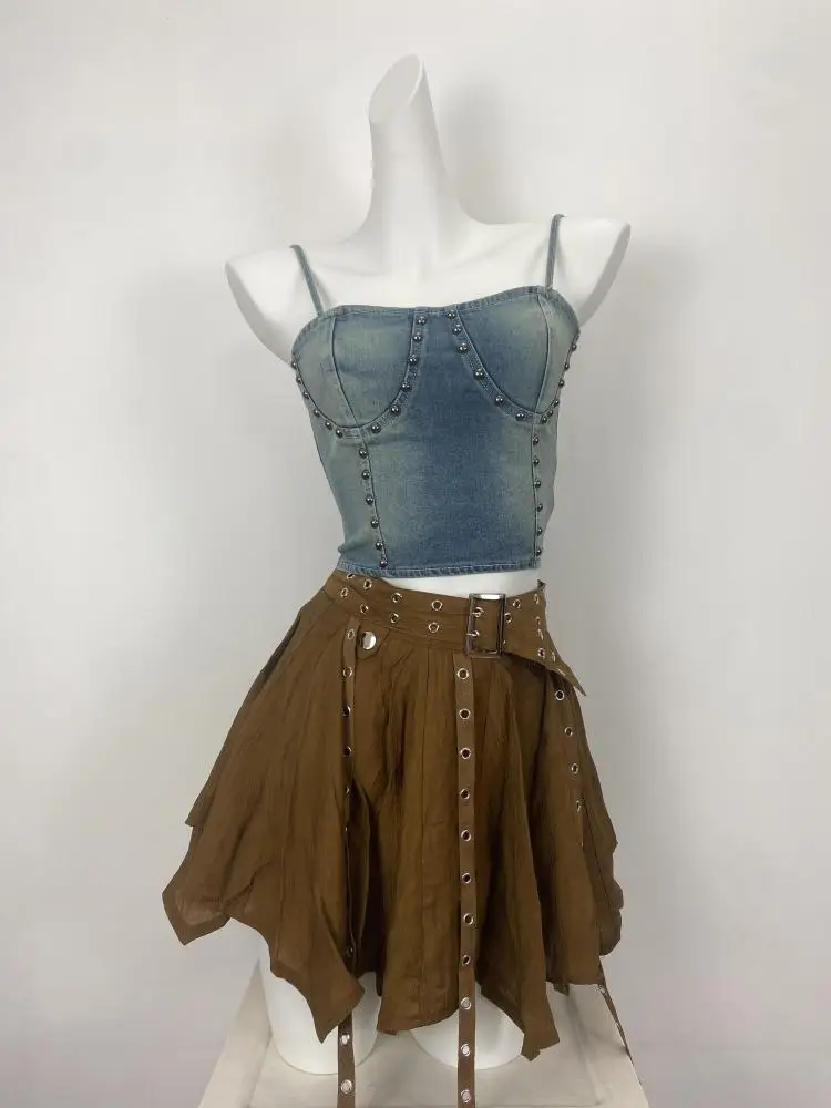 

Vintage Women's Summer Fashion Blue Denim Sexy Club Sleeveless Slip Topsz + High Waist Zipper A-line Short Skirt Two-piece Sets