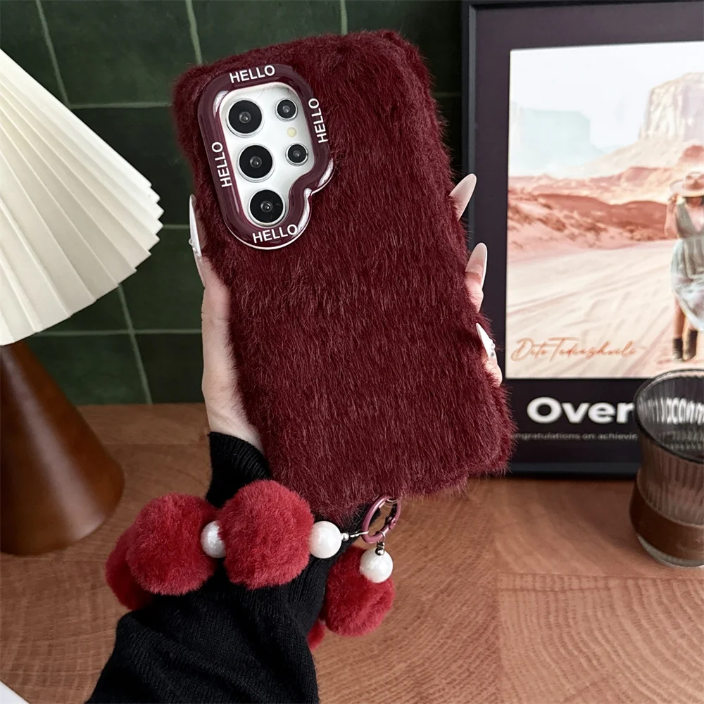 Chic Trendy Red Fluffy Plush Soft Phone Case for Samsung Galaxy S26 Ultra S25 A56 Soft Pom Pom Pearl Wrist Strap Protect Cover