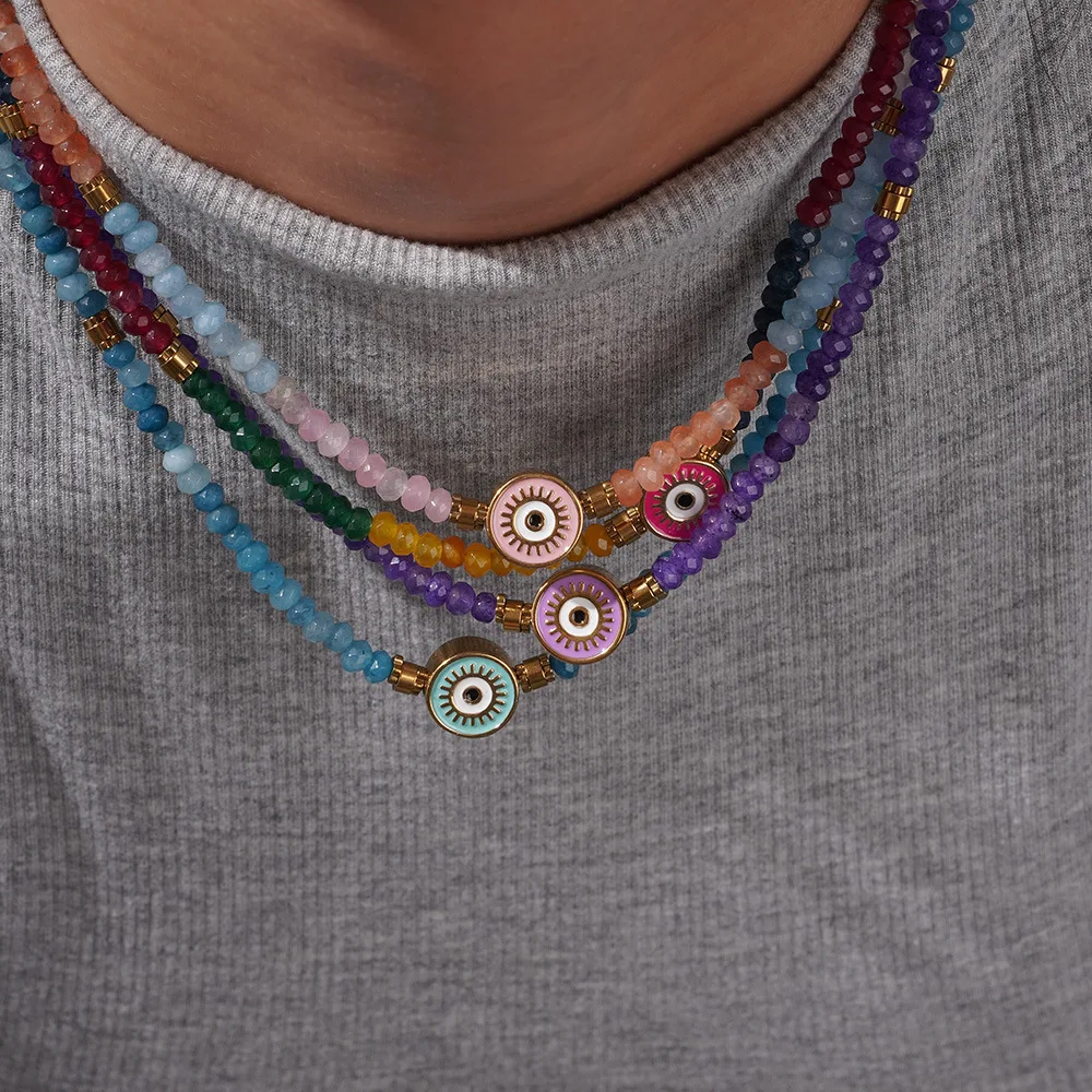 

New Colored Crystal Healing Necklace European American Devil's Eye Necklace Bohemian Natural Stone Necklace